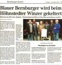 Pressebeitrag ''Blauer Bernburger' wird beim Höhnstedter Winzer gekeltert' MZ 05.11.2004